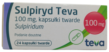 Opakowanie leku Sulpiryd Teva w kapsułkach twardych o dawce 100 mg.