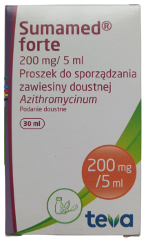Opakowanie leku Sumamed forte - proszek do sporządzania zawiesiny doustnej o dawce 200 mg/5 ml.