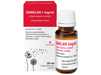 Zdjęcie przedstawia lek bez recepty Dimelan, krople doustne, 1 mg/ml.