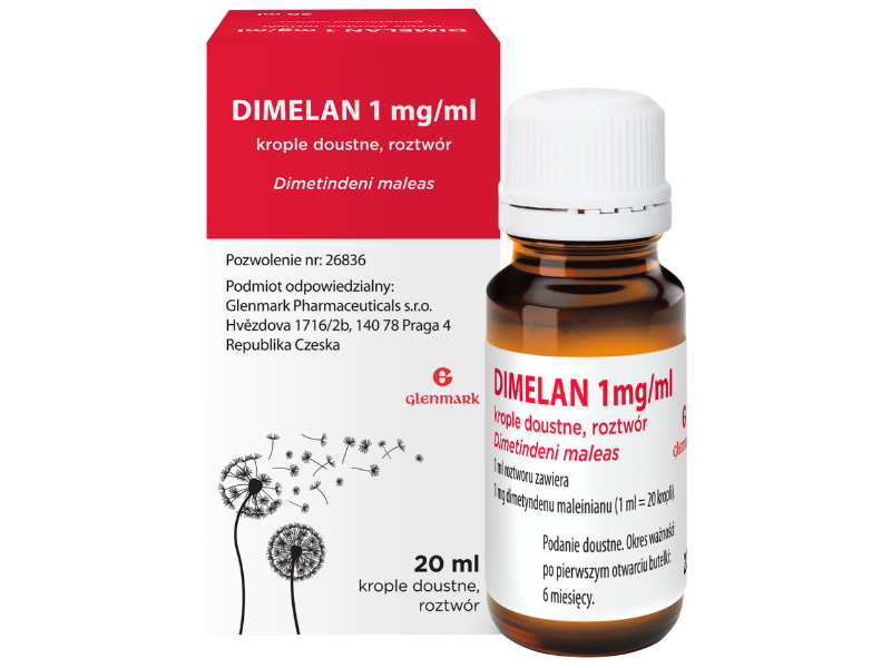 Zdjęcie przedstawia lek bez recepty Dimelan, krople doustne, 1 mg/ml.
