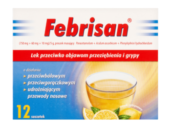 Zdjęcie przedstawia lek bez recepty Febrisan w saszetkach, 750 mg+60 mg+10 mg.