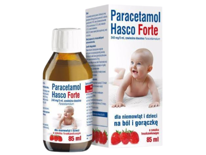 Zdjęcie przedstawia lek bez recepty Paracetamol Hasco Forte, zawiesina doustna, 240 mg/5 ml.