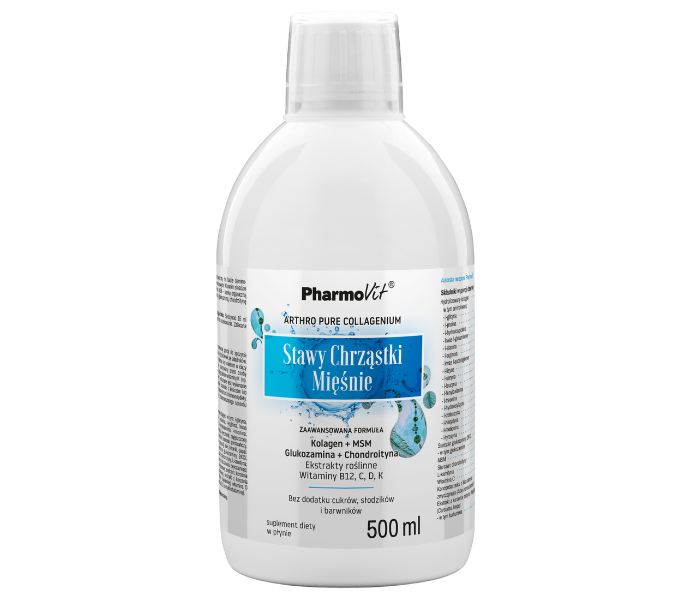 Zdjęcie przedstawia suplement diety Stawy Chrząstki Mięśnie PharmoVit, płyn doustny.