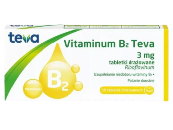 Zdjęcie przedstawia lek bez recepty Vitaminum B2 Teva, tabletki drażowane, 3 mg.