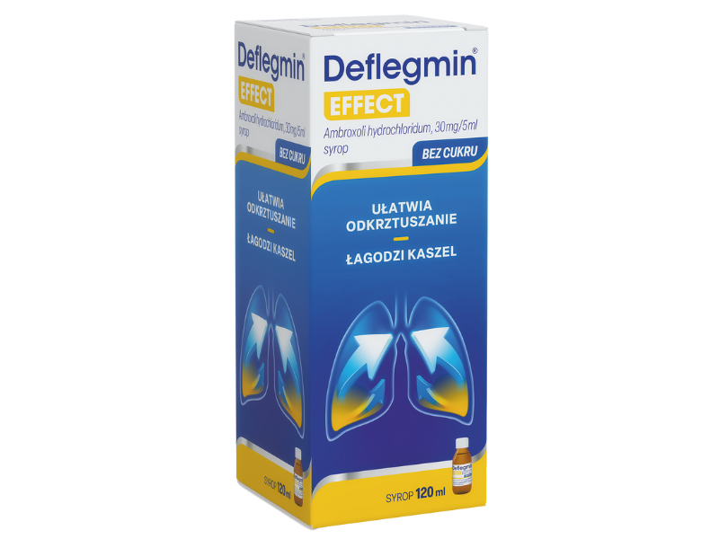 Zdjęcie przedstawia lek bez recepty Deflegmin EFFECT, syrop, 30 mg/5 ml.