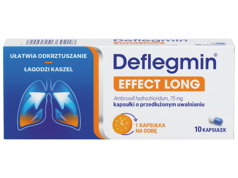 Zdjęcie przedstawia lek bez recepty Deflegmin Effect Long, kapsułki o przedłużonym uwalnianiu, 75 mg.