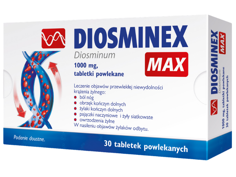 Zdjęcie przedstawia lek bez recepty Diosminex Max, tabletki, 1000 mg.