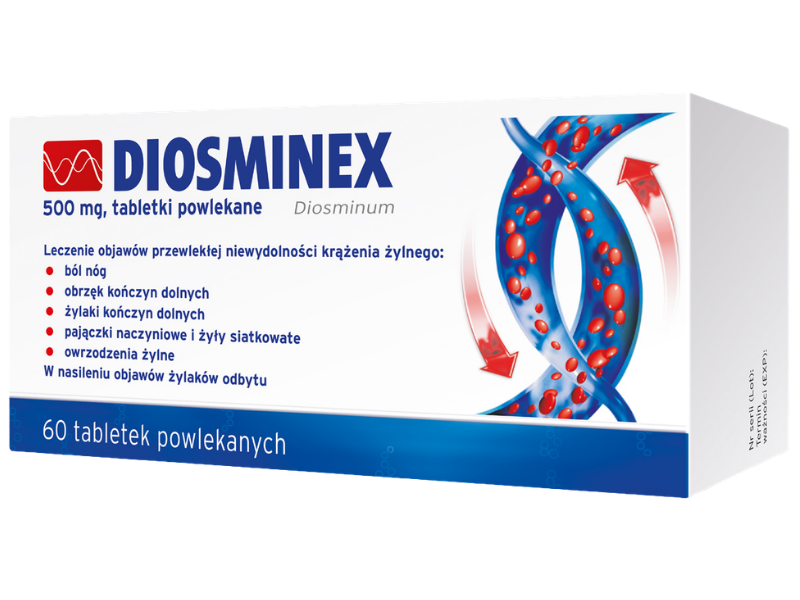 Zdjęcie przedstawia lek bez recepty Diosminex, tabletki, 500 mg.