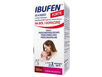 Zdjęcie przedstawia lek bez recepty Ibufen dla dzieci FORTE o smaku malinowym, zawiesina doustna, 200 mg/5 ml.
