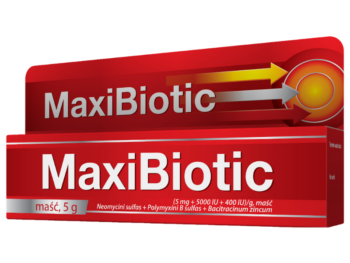 Zdjęcie przedstawia lek bez recepoty Maxibiotic, maść, 5 mg + 5000 j.m. + 400 j.m./g.