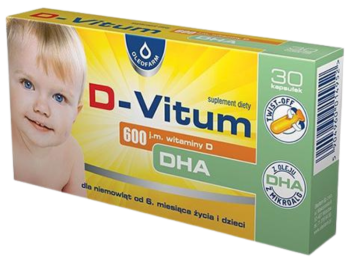 Zdjęcie przedstawia suplement diety D-Vitum z DHA, kapsułki twist-off, 600 j.m.