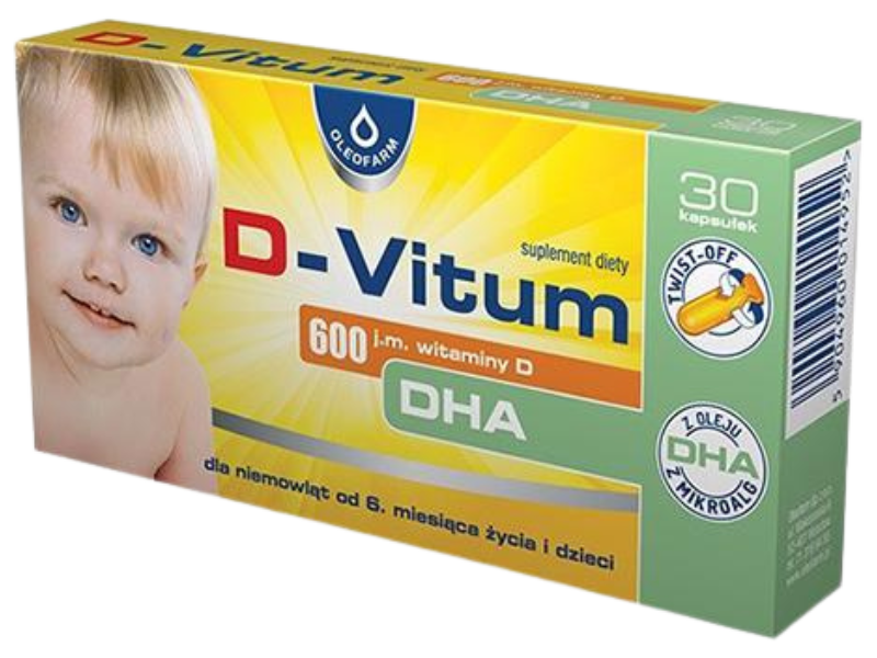 Zdjęcie przedstawia suplement diety D-Vitum z DHA, kapsułki twist-off, 600 j.m.
