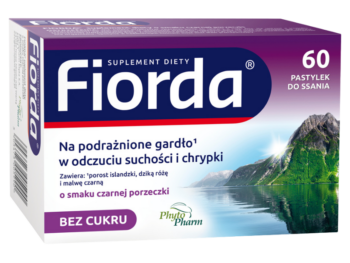 Zdjęcie przedstawia suplemeny diety Fiorda, smak czarnej porzeczki, pastylki do ssania.