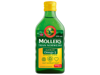 Zdjęcie przedstawia Moller's Gold Tran Norweski, cytrynowy, płyn.