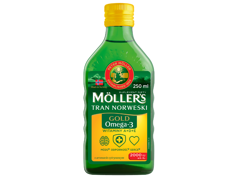 Zdjęcie przedstawia Moller's Gold Tran Norweski, cytrynowy, płyn.