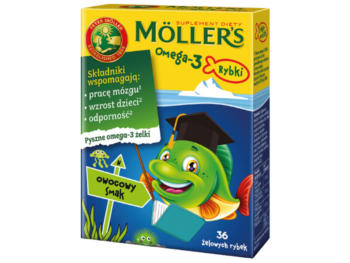 Zdjęcie przedstawia suplement diety Moller's Omega-3 rybki, smak owocowy, żelki.