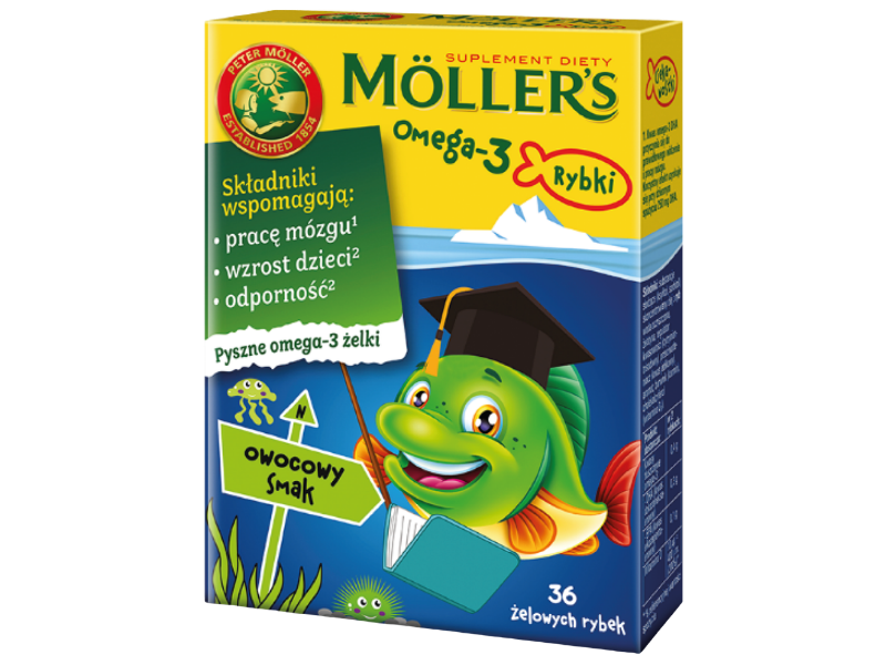 Zdjęcie przedstawia suplement diety Moller's Omega-3 rybki, smak owocowy, żelki.