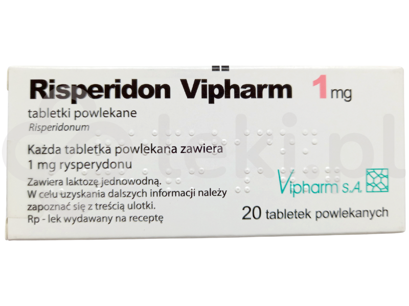 Zdjęcie przedstawia lek na receptę Risperidon Vipharm, tabletki powlekane, 1 mg.