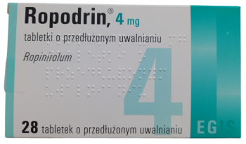Opakowanie leku Ropodrin w tabletkach o przedłużonym uwalnianiu o dawce 4 mg.
