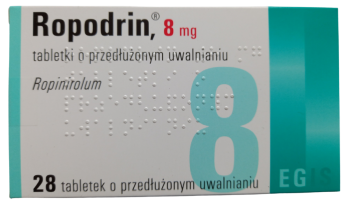 Opakowanie leku Ropodrin w tabletkach o przedłużonym uwalnianiu o dawce 8 mg.