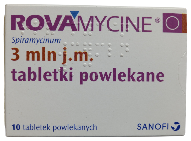 Opakowanie leku Rovamycine w tabletkach powlekanych o dawce 3 mln j.m.
