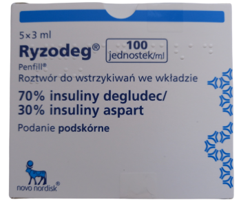 Opakowanie leku Ryzodeg - roztwór do wstrzykiwań o dawce 100 jednostek/ml.