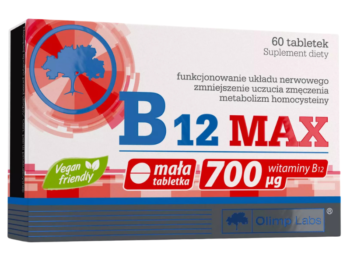 Zdjęcie przedstawia suplement diety Olimp B12 MAX 700 μg w tabletkach.