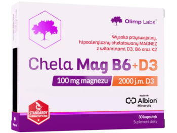 Zdjęcie przedstawia suplement diety Olimp Chela Mag B6+D3 w kapsułkach.