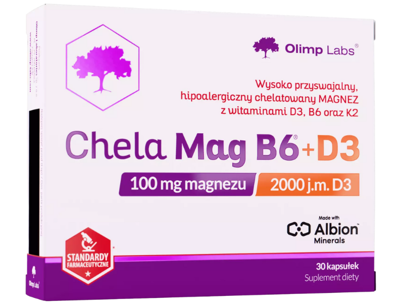 Zdjęcie przedstawia suplement diety Olimp Chela Mag B6+D3 w kapsułkach.
