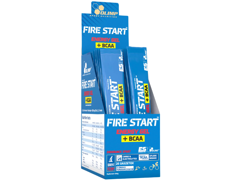 Zdjęcie przedstawia suplement diety Olimp Fire Start Energy Gel + BCAA w żelu, w saszetkach.