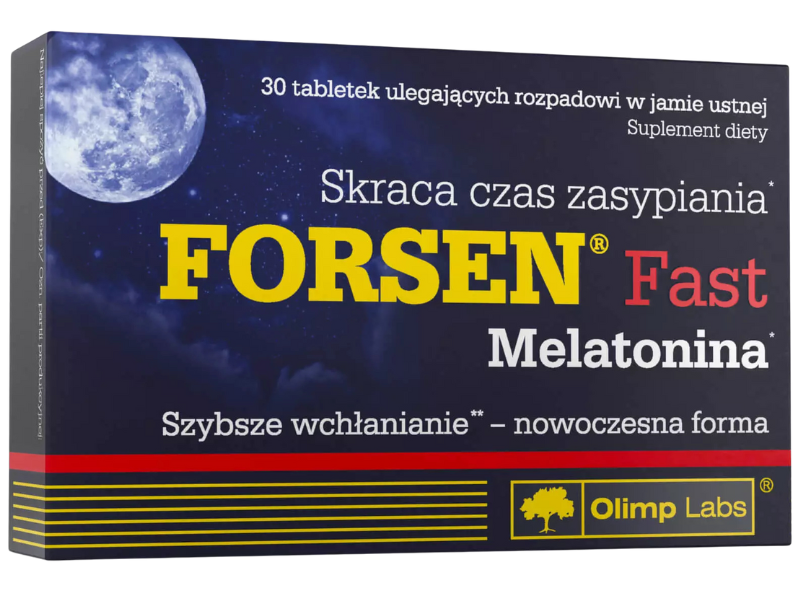 Zdjęcie przedstawia suplement diety Olimp Forsen Fast Melatonina w tabletkach.