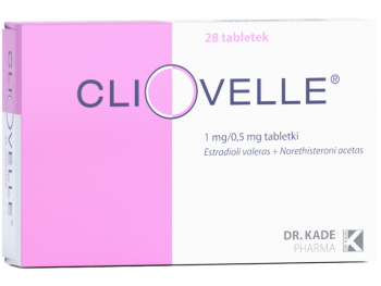 Zdjęcie przedstawia lek dostępny na receptę Cliovelle, tabletki, 1 mg + 0,5 mg.