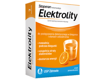 Zdjęcie przedstawia suplement diety Stoperan Elektrolity w saszetkach o smaku pomarańczowym.