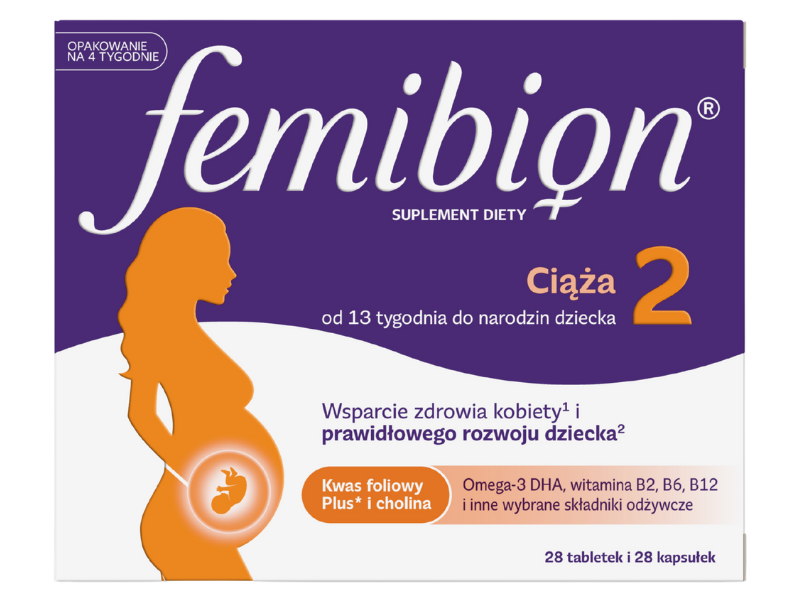 Zdjęcie przedstawia suplement diety Femibion 2 Ciąża, tabletki powlekane+kapsułki miękkie.