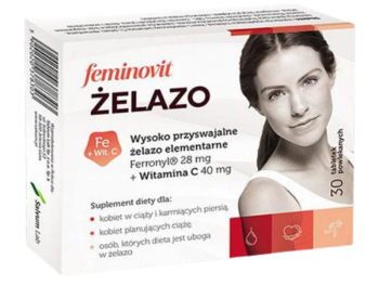 Zdjęcie przedstawia suplement diety Feminovit Żelazo, tabletki powlekane, 40mg+28mg.