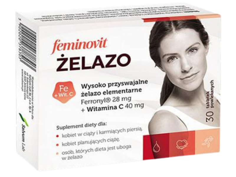 Zdjęcie przedstawia suplement diety Feminovit Żelazo, tabletki powlekane, 40mg+28mg.
