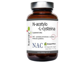 Zdjęcie przedstawia suplement diety Kenay NAC+ N-acetylo-L-cysteina, kapsułki, 600 mg.