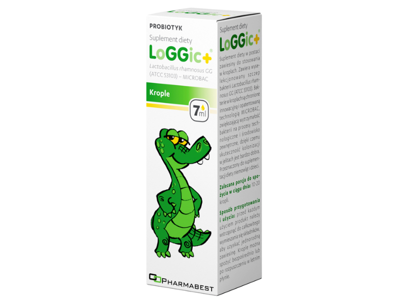Zdjęcie przedstawia suplement diety LoGGic+ w kroplach.