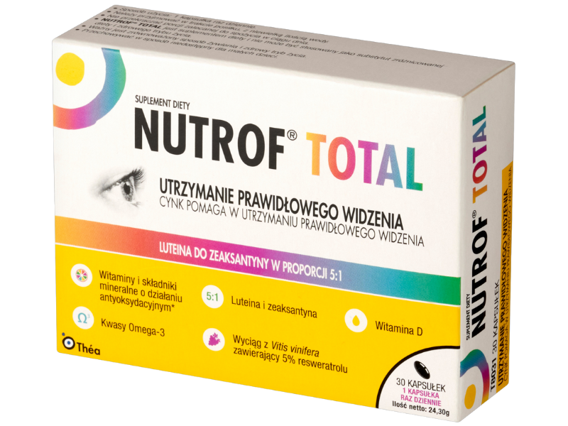 Zdjęcie przedstawia suplement diety Nutrof Total.