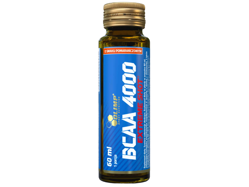 Zdjęcie przedstawia suplement diety Olimp BCAA 4000 Extreme Shot w płynie.