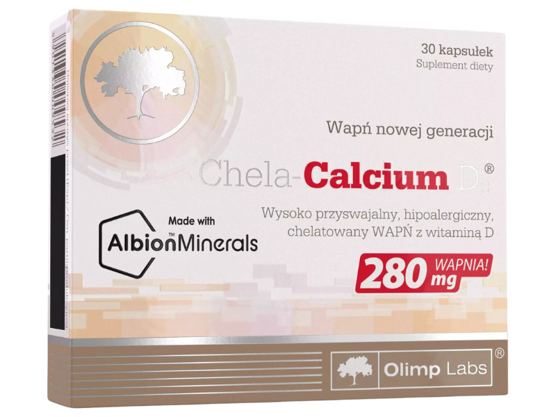 Zdjęcie przedstawia suplement diety Olimp Chela Calcium D3 w kapsułkach.