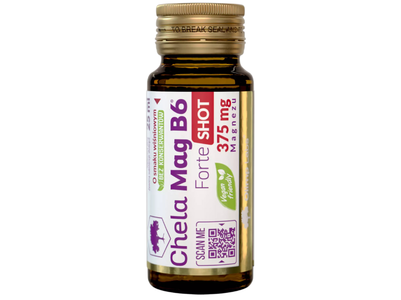 Zdjęcie przedstawia suplement diety Olimp Chela Mag B6 Forte Shot, 25 ml, płyn w ampułkach.