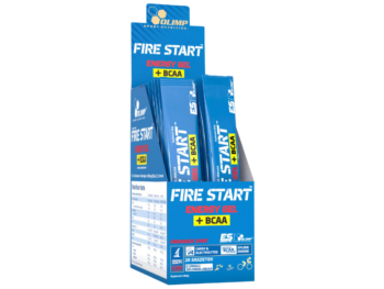 Zdjęcie przedstawia suplement diety Olimp Fire Start Energy Gel + BCAA, żel w saszetkach, smak zielonego jabłka.
