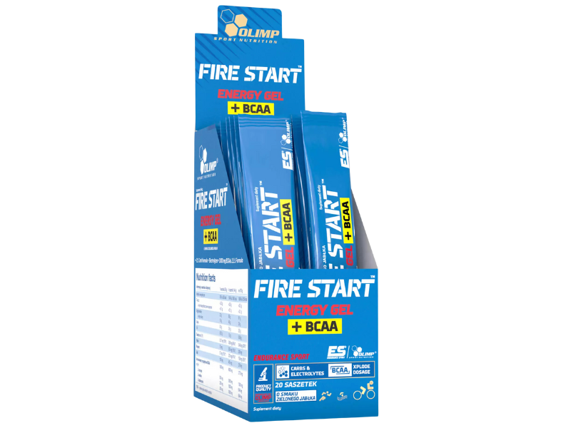 Zdjęcie przedstawia suplement diety Olimp Fire Start Energy Gel + BCAA, żel w saszetkach, smak zielonego jabłka.