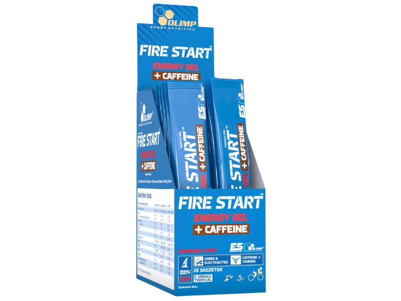 Zdjęcie przedstawia suplement diety Olimp Fire Start Energy Gel + Caffeine, żel w saszetkach, smak tropikalny.
