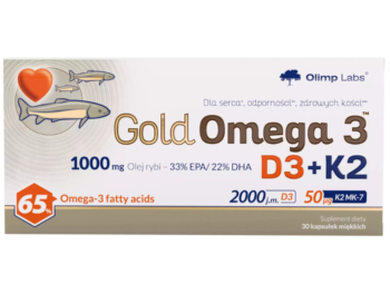 Zdjęcie przedstawia suplement diety Olimp Gold Omega 3 D3+K2, w kapsułkach.