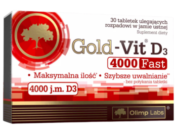 Zdjęcie przedstawia suplement diety Olimp Gold-Vit D3 Fast 4000 w tabletkach ulegających rozpadowi w jamie ustnej, 4000 j.m.
