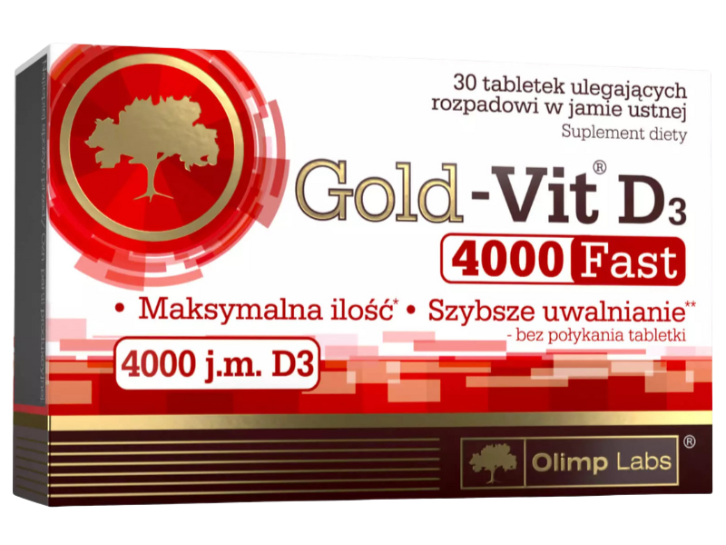 Zdjęcie przedstawia suplement diety Olimp Gold-Vit D3 Fast 4000 w tabletkach ulegających rozpadowi w jamie ustnej, 4000 j.m.