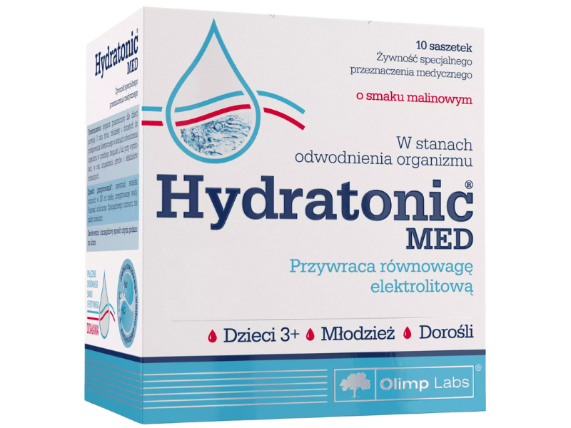 Zdjęcie przedstawia suplement diety Olimp Hydratonic Med w saszetkach.