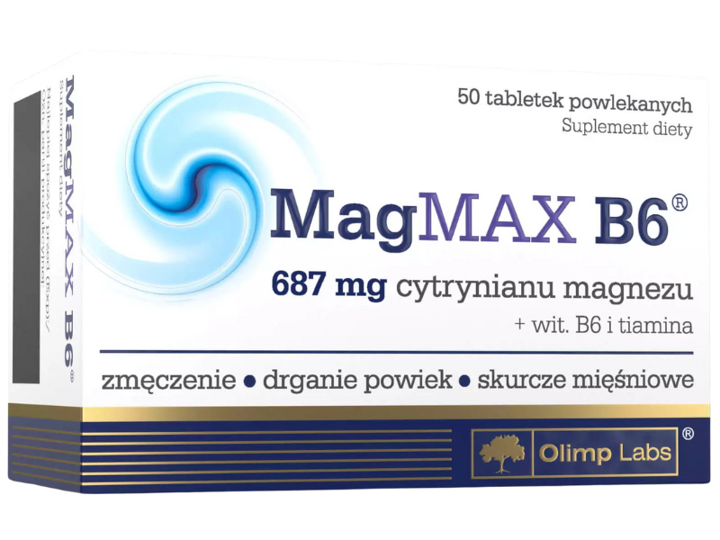Zdjęcie przedstawia suplement diety Olimp MagMAX B6 w tabletkach powlekanych.